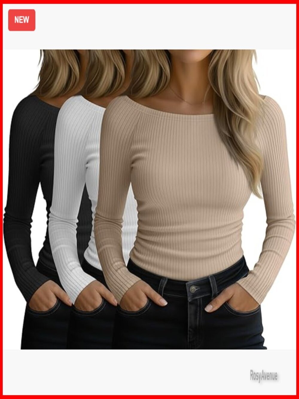 3 Pack Women's Long Sleeve Ribbed Cotton Boat Neck Fitted T-Shirts